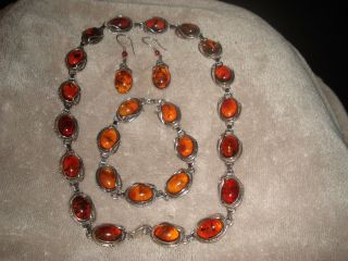 Vintage Silver Baltic Amber Necklace Bracelet Earring Set