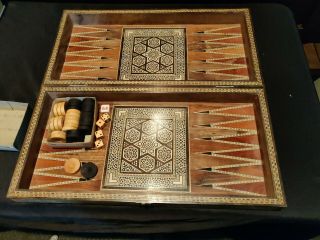 Vintage Backgammon Wooden Inlay Painted Set Big Decorative Rare Star