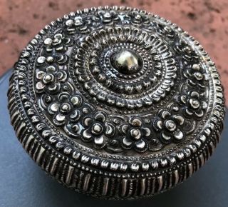 Vtg Antique 4” Thai Silver Repousse Betel Nut Lime Paan Lidded Box Bird Stamp