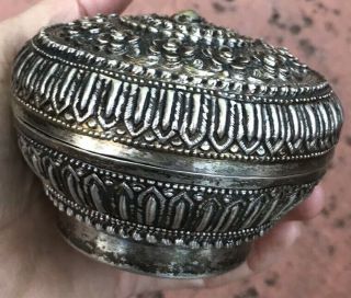 Vtg Antique 4” Thai Silver Repousse Betel Nut Lime Paan Lidded Box Bird Stamp 5