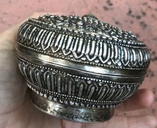 Vtg Antique 4” Thai Silver Repousse Betel Nut Lime Paan Lidded Box Bird Stamp 6