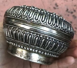 Vtg Antique 4” Thai Silver Repousse Betel Nut Lime Paan Lidded Box Bird Stamp 7