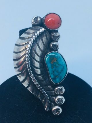 Vintage Large Native American Sterling Silver Ring With Turquoise And Coral