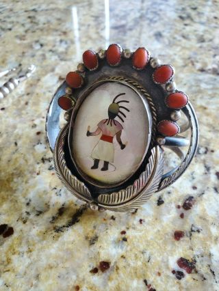 Vintage Signed Silver And Coral Indian Bracelet 3 " X 3 "
