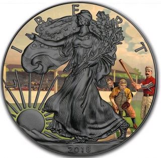 2018 1 Oz $1 Vintage American Baseball Eagle Ruthenium Coin.