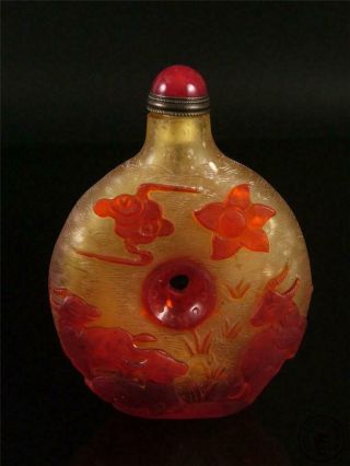 Big Old Chinese Peking Glass Made Snuff Bottle 3 Sheep,  Fish,  Birds,  Auspicious
