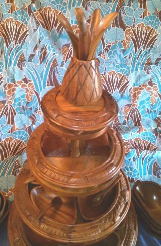 Vintage Carved Monkey Wood 4 Tier Lazy Susan/serve ware,  Bonus Luau Fabric 2