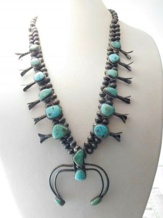 Vtg Old Pawn Navajo Sterling Silver Turquoise Squash Blossom Bead Naja Necklace