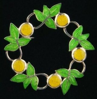Margot De Taxco Sterling Enamel Lemon Leaves Wreath Brooch Pin Mexico Jewelry