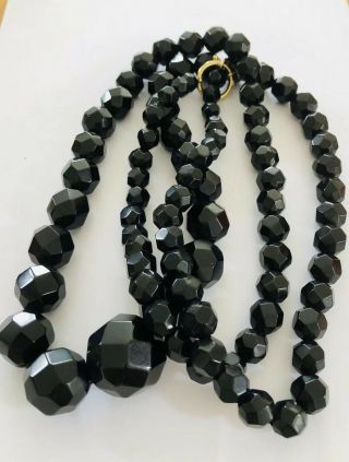 Antique Victorian Hand Carved Whitby Jet Necklace,  Plated Clasp,  Facets