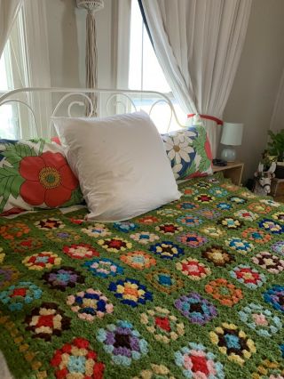 Green Granny Squares Handmade Blanket Afghan Throw 64 X 72 Crochet Knit Vintage