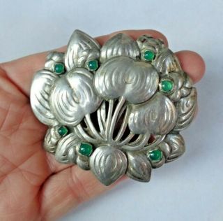 Antique Southwestern Sterling Silver Sandcast Lilly Flower Green Stone Pin