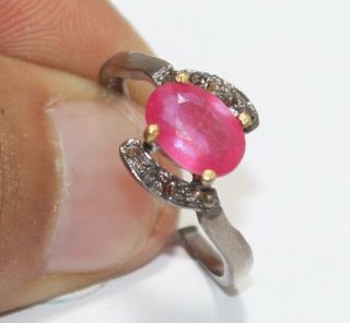 Antique Victorian 925 Sterling Silver Rose Cut Diamond Vintage Ruby Ring