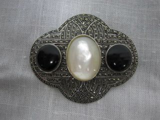Gorgeous Vintage Large Sterling Marcasite Mop & Onyx Art Deco Brooch Pin
