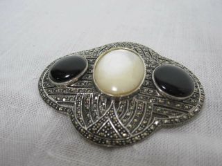 GORGEOUS VINTAGE LARGE STERLING MARCASITE MOP & ONYX ART DECO BROOCH PIN 2