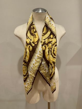 Vintage Bootleg Versace Scarf Brown White & Gold Floral Roses And Crowns Designs