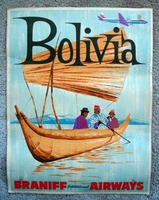 Vintage 1950s Braniff Airlines Bolivia Travel Poster Train Railway Art