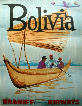 Vintage 1950s BRANIFF AIRLINES BOLIVIA Travel Poster Train railway art 2