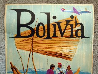 Vintage 1950s BRANIFF AIRLINES BOLIVIA Travel Poster Train railway art 4