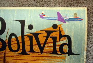Vintage 1950s BRANIFF AIRLINES BOLIVIA Travel Poster Train railway art 6