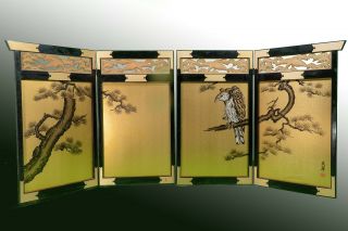 Vtg Japanese 4 Panel Folding Screen Byobu Painted 65x27 " Gold Hawk Signed