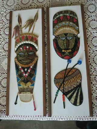 Rare Vintage Gravel Art Primitive Shield Mask Beads Tiki Bar African Tribal Mcm