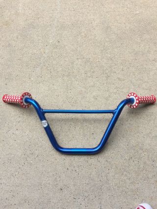 Vintage Old School Bmx Race Inc Blue Anodized Handle Bars Plus Grips