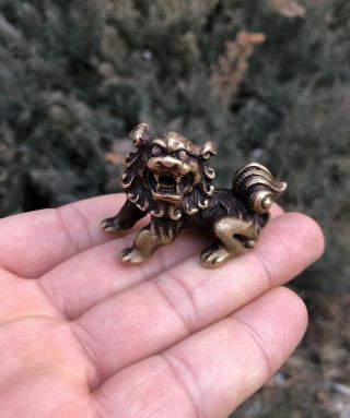 5.  5 CM Chinese 100 Pure Bronze Copper Guardian Foo Dog Lion Figurine Sculpture 5