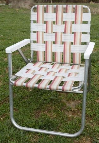 Vintage Aluminum Webbed Folding Beach Lawn Chair Pink Peach Mauve Camping