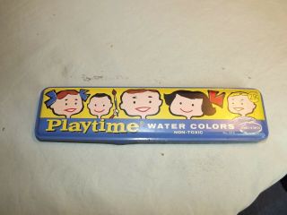 Vintage Playtime Water Colors Tin With Paint & Brushes 8.  5 " Long