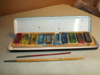 Vintage Playtime Water Colors Tin with Paint & Brushes 8.  5 