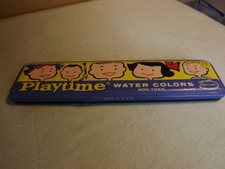 Vintage Playtime Water Colors Tin with Paint & Brushes 8.  5 