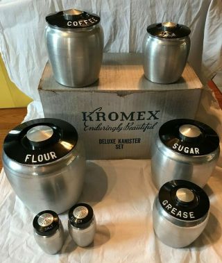 7 Vintage Kromex Spun Aluminum Cannisters Grease,  S&p,  Flour,