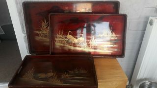 Set Of Three Matching Wooden,  Chinese/japanese Lacquer Trays Crane Design.