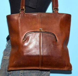 Vtg 70s Coach Slim Rare Bonnie Cashin Brown Leather Kiss - Lock Tote Purse Bag Nyc