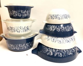 Large Set Vintage Pyrex Colonial Mist Cinderella Mixing Bowl Blue White Flowers