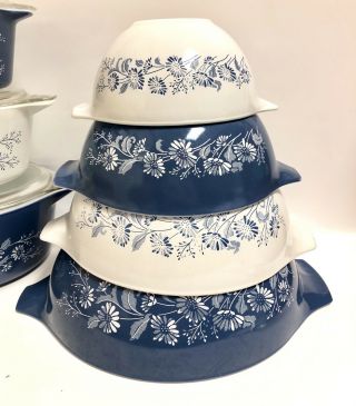 Large Set Vintage Pyrex Colonial Mist Cinderella Mixing Bowl Blue White Flowers 2