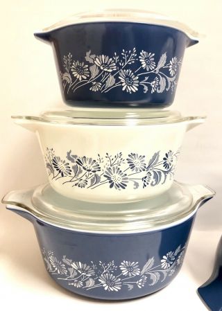 Large Set Vintage Pyrex Colonial Mist Cinderella Mixing Bowl Blue White Flowers 3