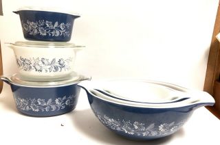 Large Set Vintage Pyrex Colonial Mist Cinderella Mixing Bowl Blue White Flowers 7