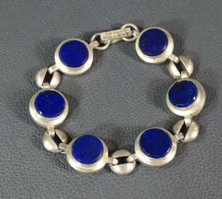 Art Deco 950 Sterling Silver &natural Lapis Lazuli Gemstone Link Bangle Bracelet