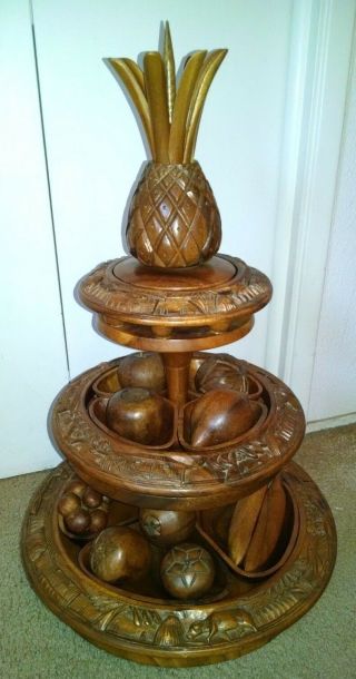 Vintage 3 Tier Hand Carved Monkey Pod Wood Lazy Susan,  Fruit 10pc Exc Complete