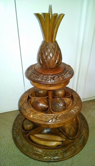 Vintage 3 Tier Hand Carved Monkey Pod Wood Lazy Susan,  FRUIT 10pc Exc COMPLETE 2