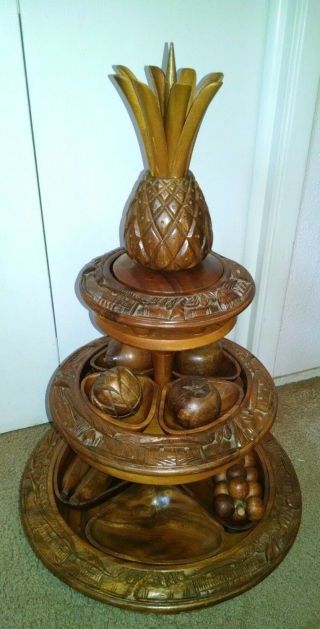 Vintage 3 Tier Hand Carved Monkey Pod Wood Lazy Susan,  FRUIT 10pc Exc COMPLETE 3