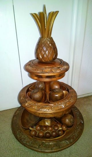 Vintage 3 Tier Hand Carved Monkey Pod Wood Lazy Susan,  FRUIT 10pc Exc COMPLETE 4