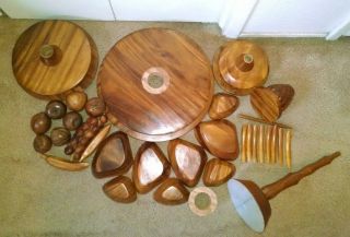 Vintage 3 Tier Hand Carved Monkey Pod Wood Lazy Susan,  FRUIT 10pc Exc COMPLETE 5