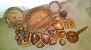 Vintage 3 Tier Hand Carved Monkey Pod Wood Lazy Susan,  FRUIT 10pc Exc COMPLETE 6