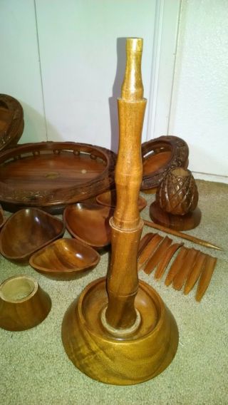 Vintage 3 Tier Hand Carved Monkey Pod Wood Lazy Susan,  FRUIT 10pc Exc COMPLETE 8