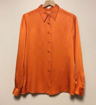 Gorgeous Authentic Chanel Vintage Orange Silk Top Button Up Shirt Size 38 France