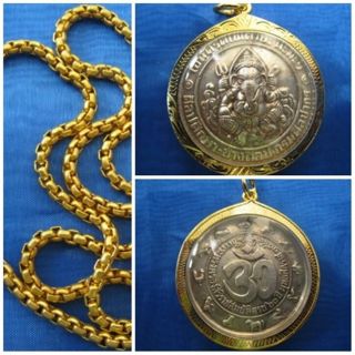 Silver Coin Lord Ganesha In Gold Case & Gold Necklace Thai Amulet Pendant G7