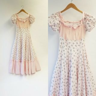 30s Pink Cotton Dress Maxi Antique Daydress Spring Summer Floral S 1930s